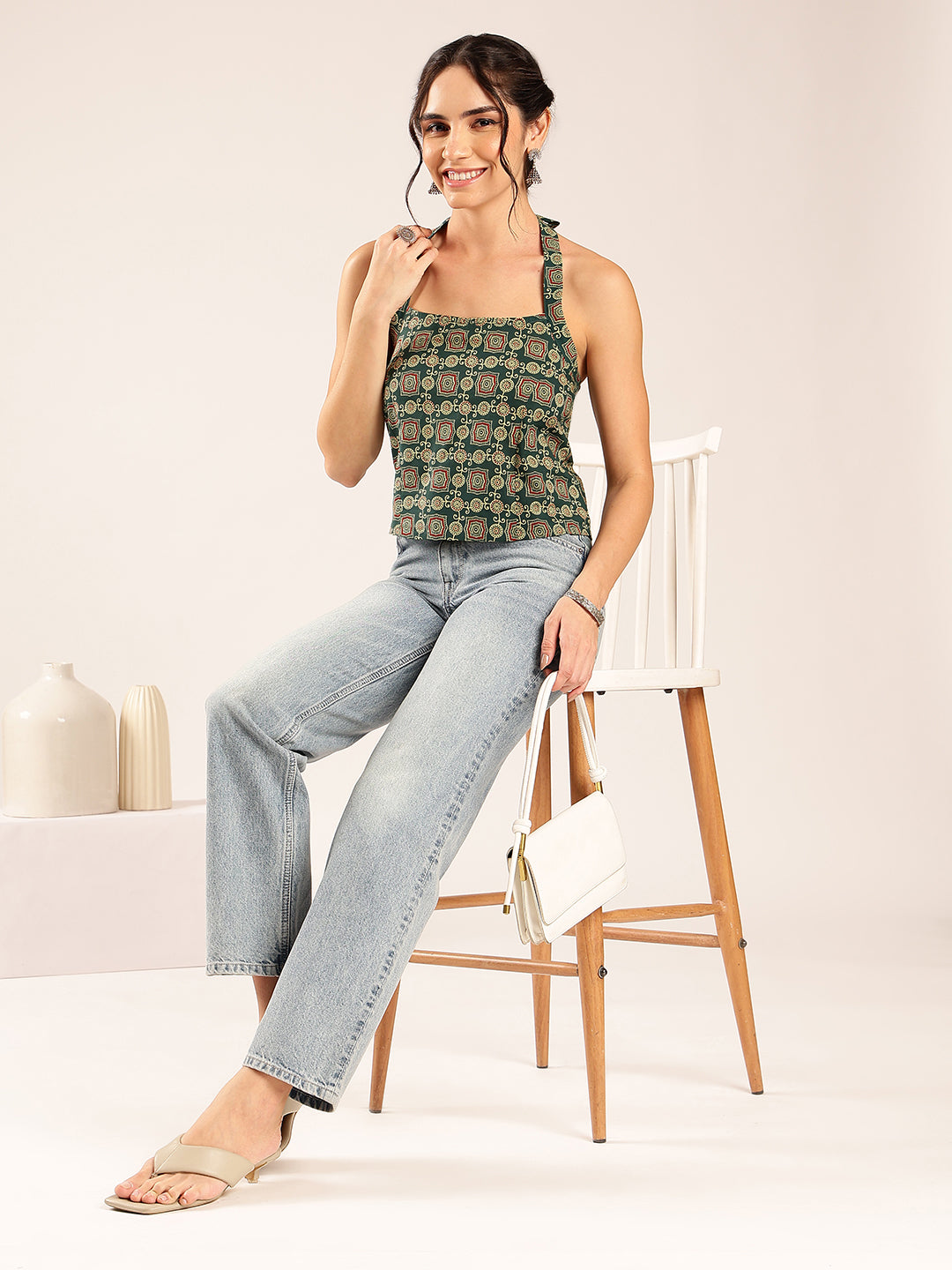 Aqua Ajrakh Straight Cotton Stitched Crop Top