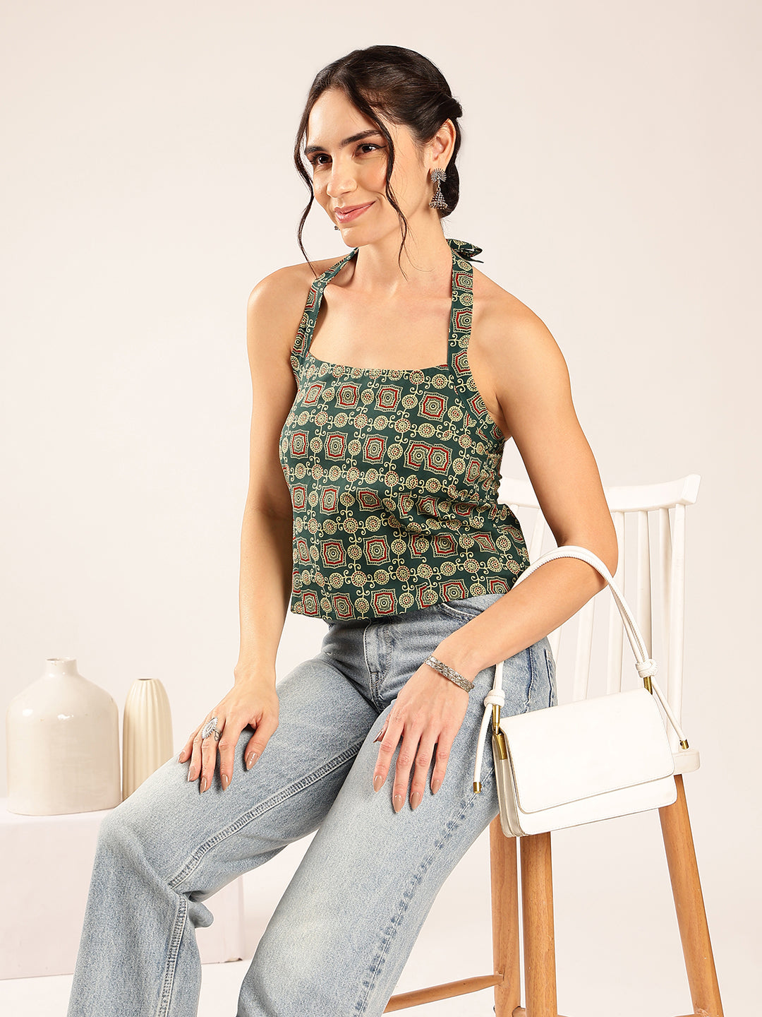 Aqua Ajrakh Straight Cotton Stitched Crop Top