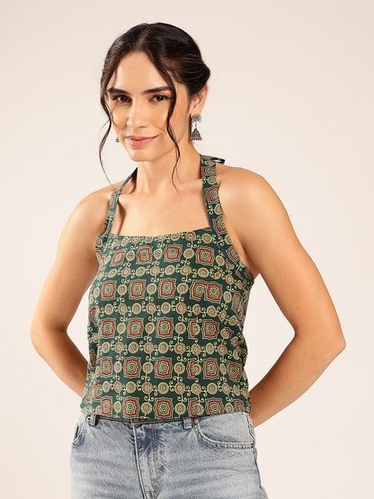 Aqua Ajrakh Straight Cotton Stitched Crop Top