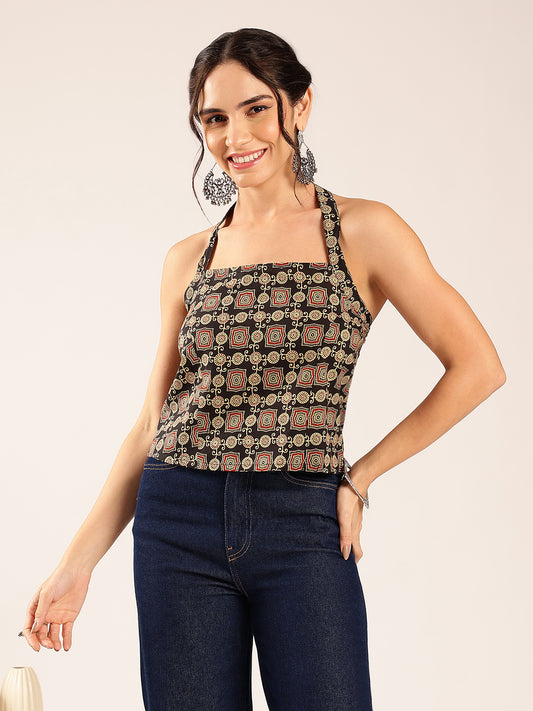Black Ajrakh Straight Cotton Stitched Crop Top