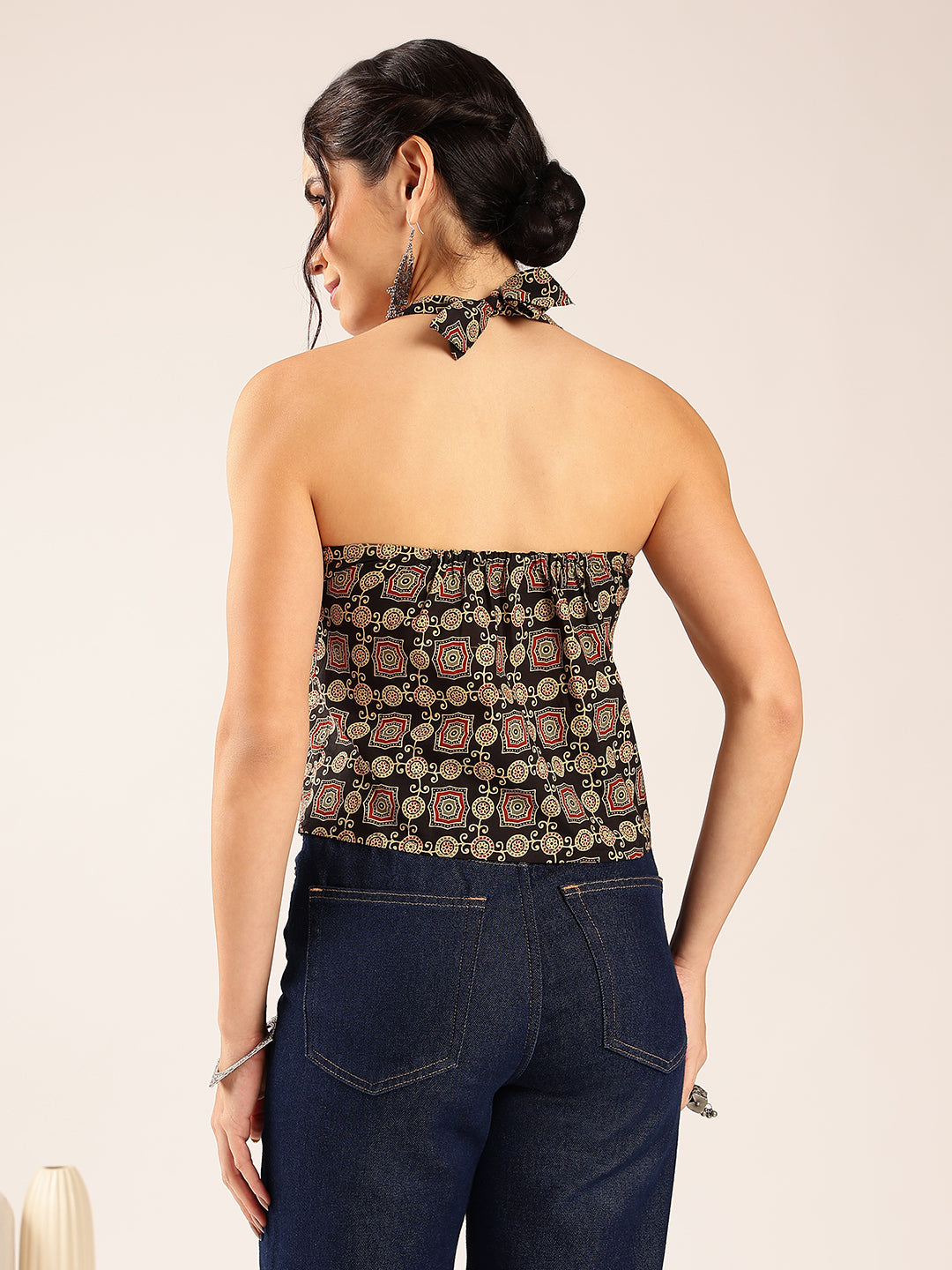 Black Ajrakh Straight Cotton Stitched Crop Top