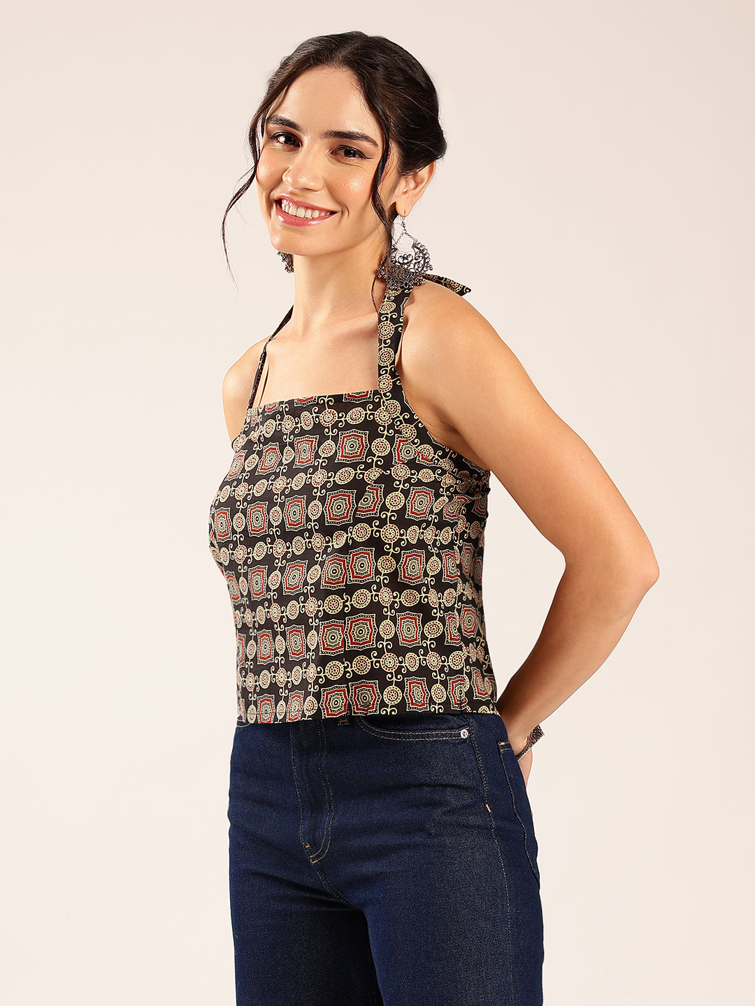 Black Ajrakh Straight Cotton Stitched Crop Top