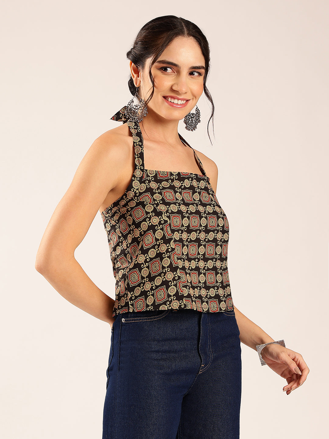 Black Ajrakh Straight Cotton Stitched Crop Top
