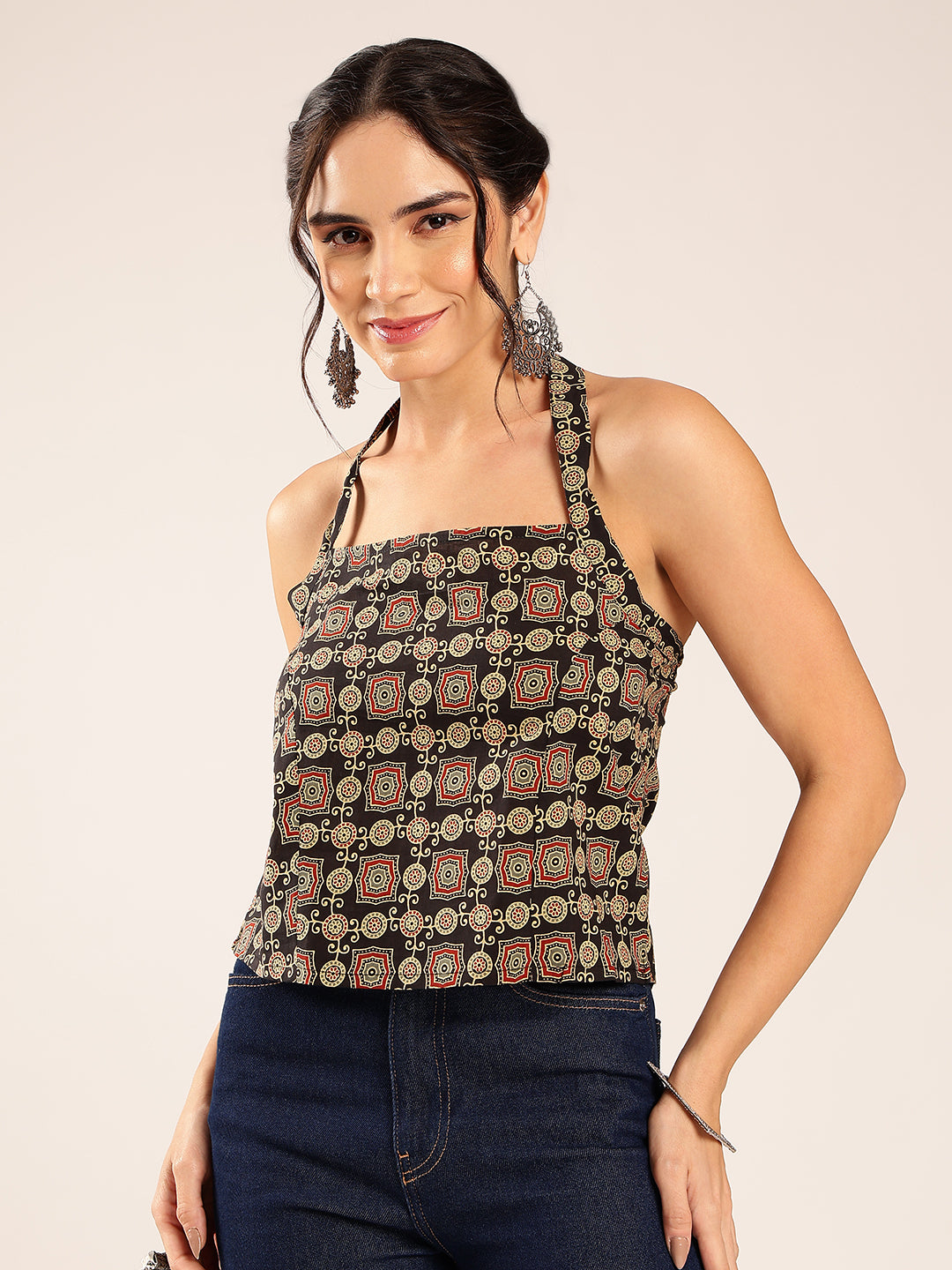 Black Ajrakh Straight Cotton Stitched Crop Top