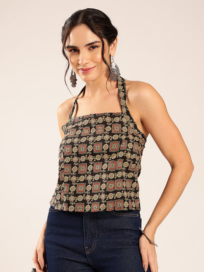 Black Ajrakh Straight Cotton Stitched Crop Top