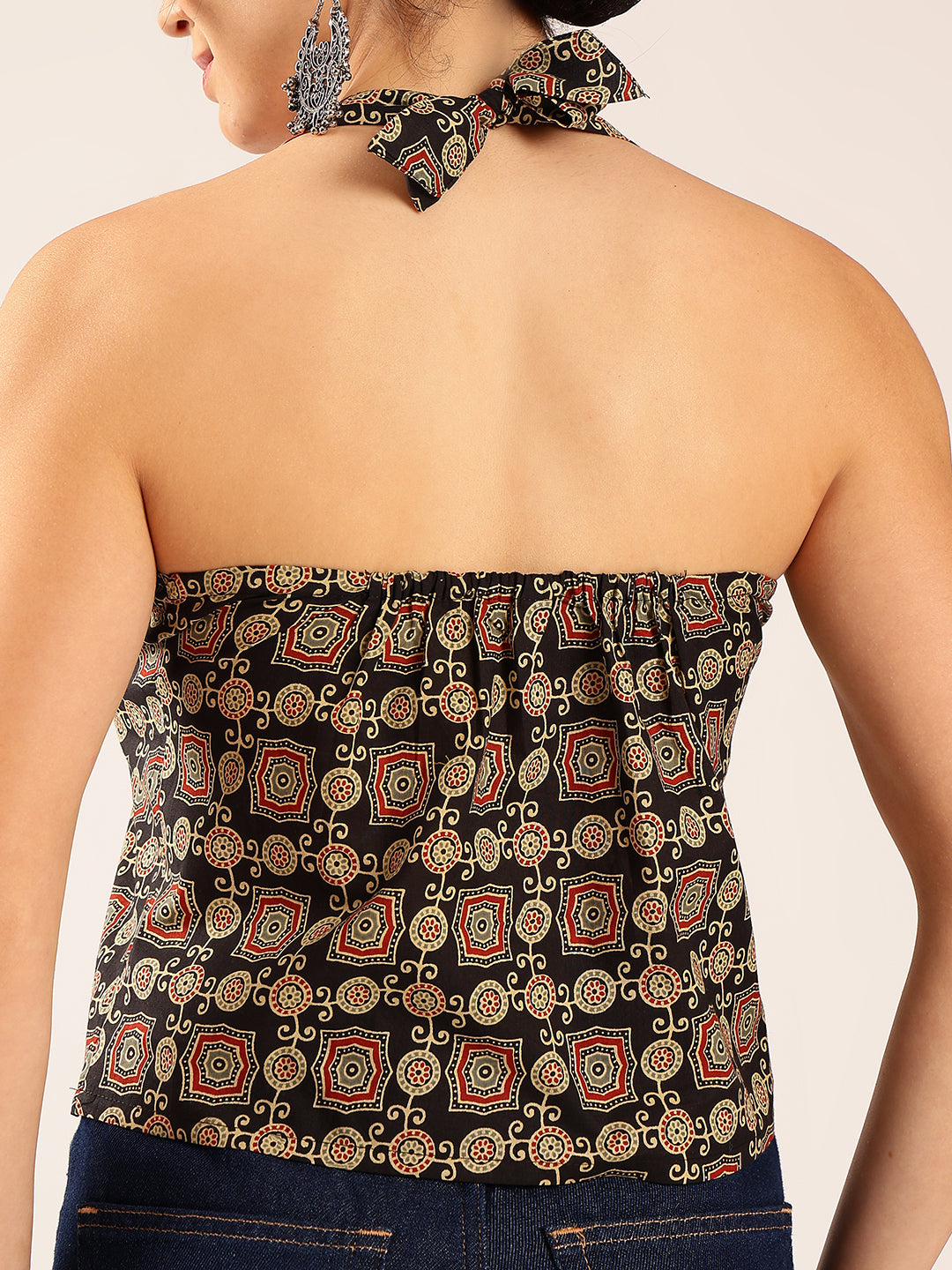 Black Ajrakh Straight Cotton Stitched Crop Top