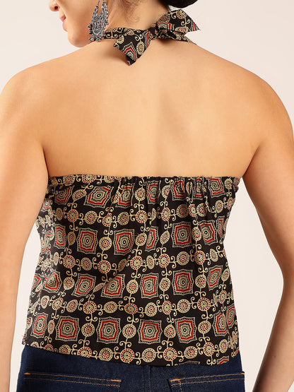 Black Ajrakh Straight Cotton Stitched Crop Top
