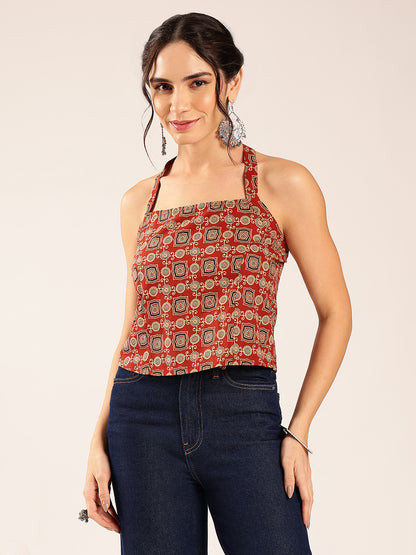 Maroon Ajrakh Straight Cotton Stitched Crop Top