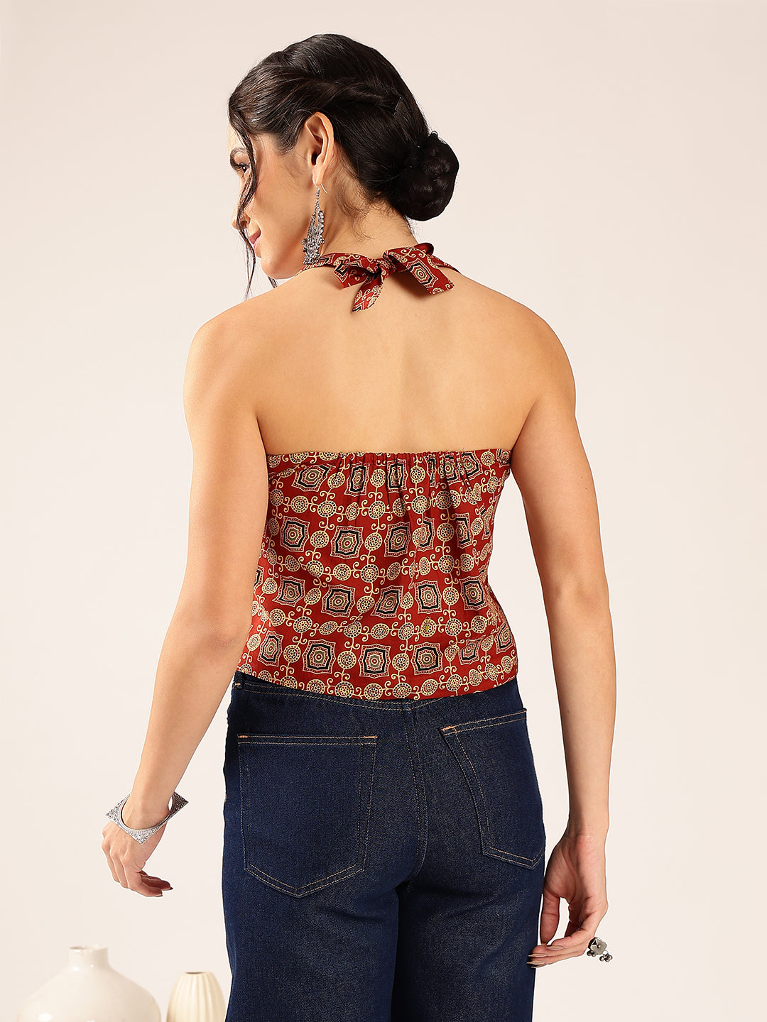 Maroon Ajrakh Straight Cotton Stitched Crop Top