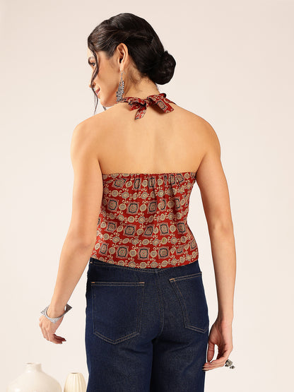 Maroon Ajrakh Straight Cotton Stitched Crop Top