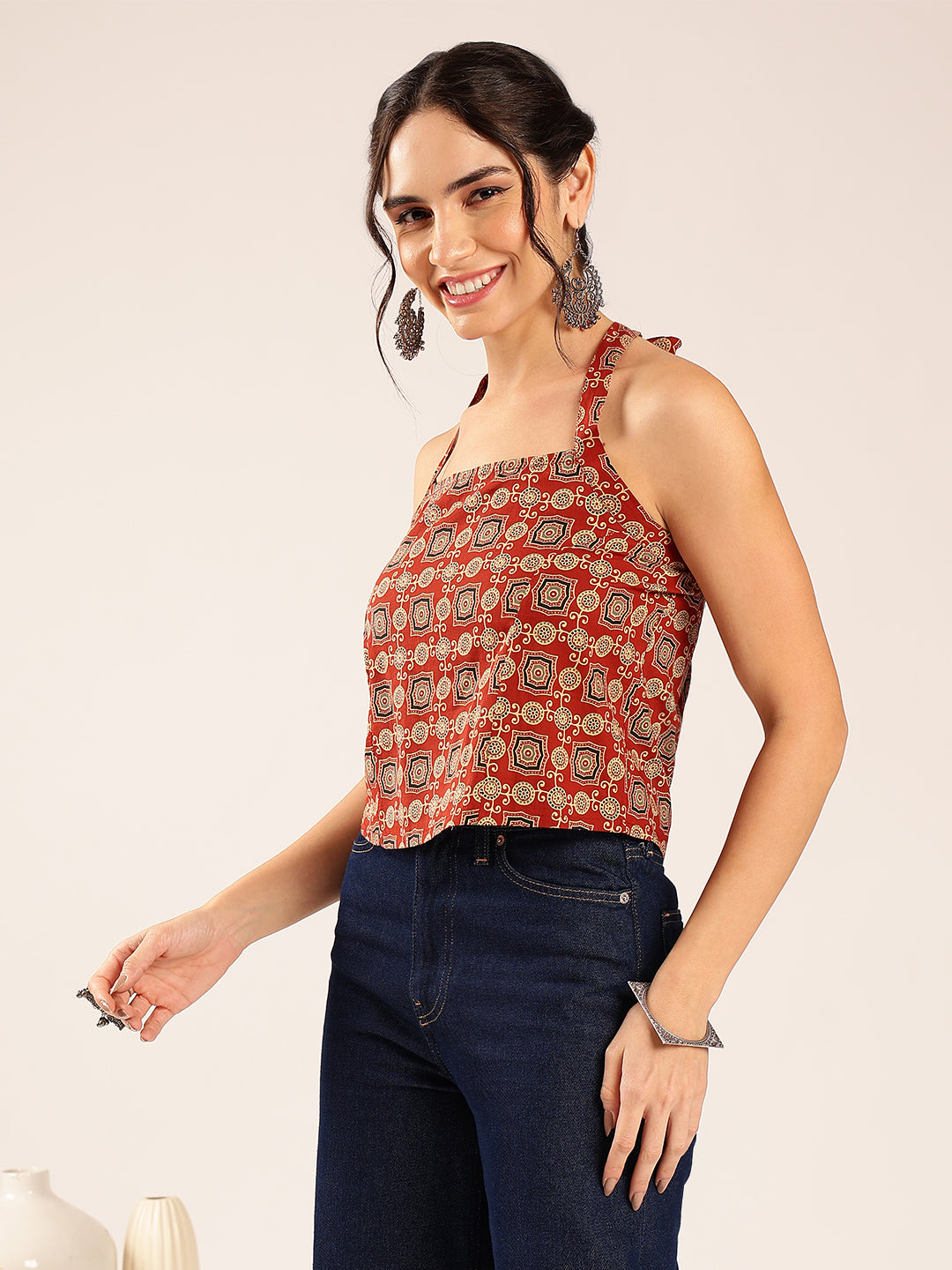 Maroon Ajrakh Straight Cotton Stitched Crop Top