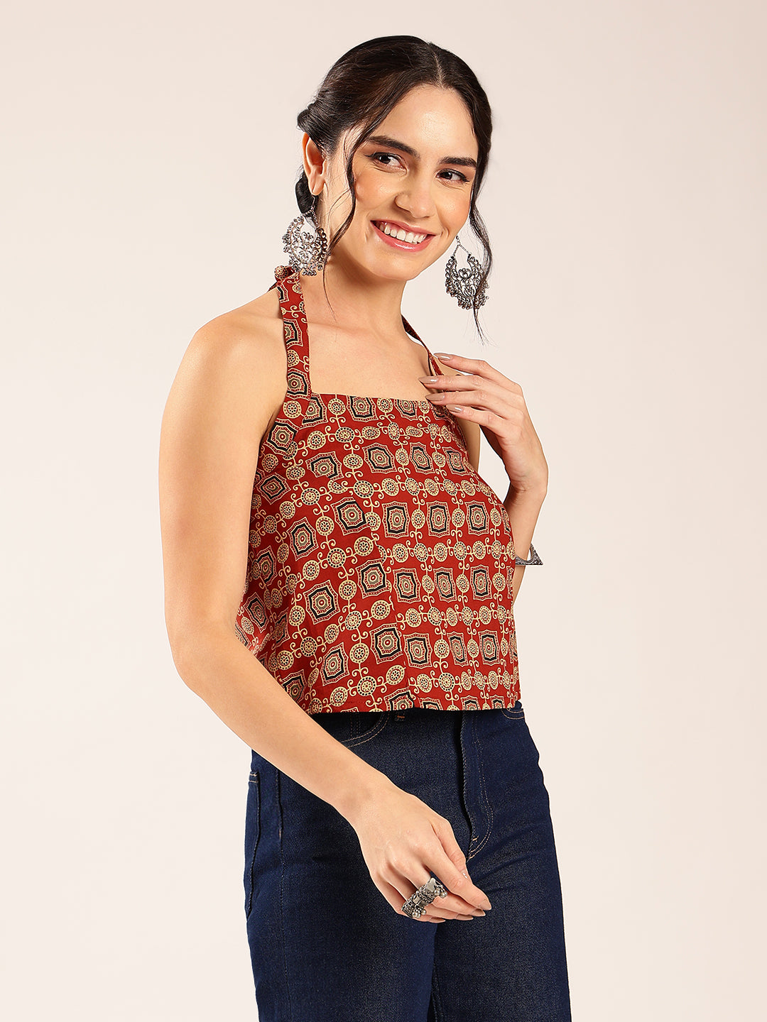 Maroon Ajrakh Straight Cotton Stitched Crop Top