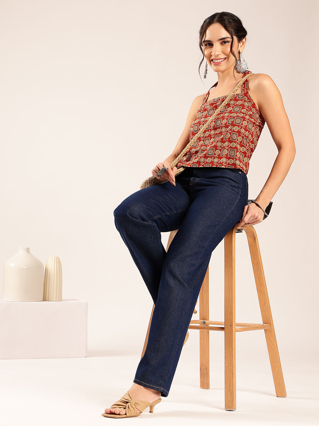 Maroon Ajrakh Straight Cotton Stitched Crop Top