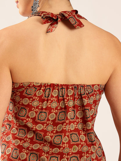Maroon Ajrakh Straight Cotton Stitched Crop Top