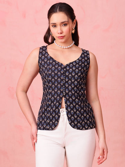 Black Ajrakh Print Waistcoat Cotton Stitched Top