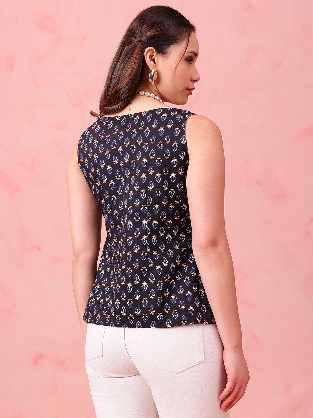 Black Ajrakh Print Waistcoat Cotton Stitched Top