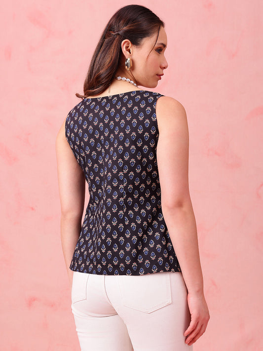 Black Ajrakh Print Waistcoat Cotton Stitched Top