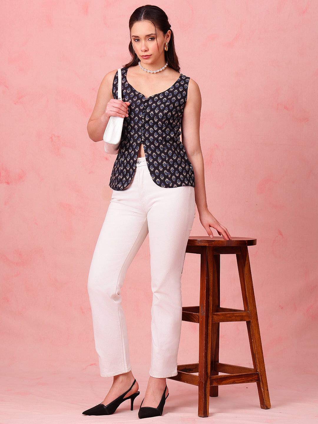 Black Ajrakh Print Waistcoat Cotton Stitched Top