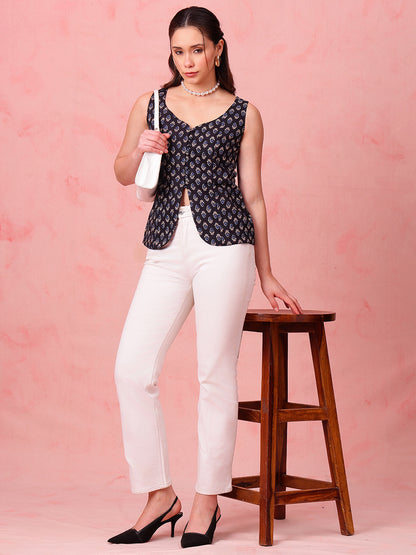 Black Ajrakh Print Waistcoat Cotton Stitched Top