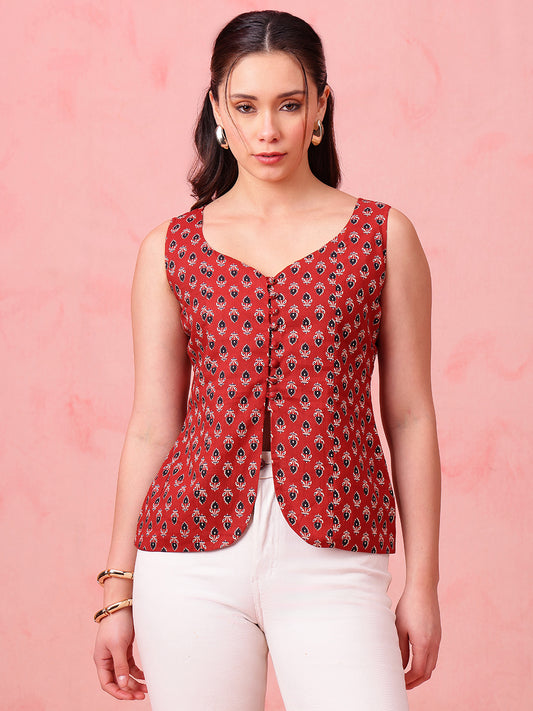 Red Ajrakh Print Waistcoat Cotton Stitched Top