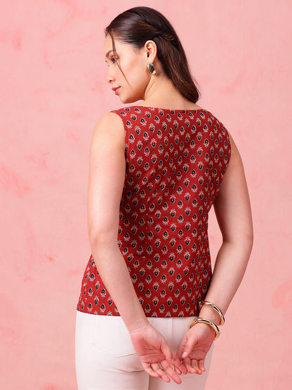 Red Ajrakh Print Waistcoat Cotton Stitched Top