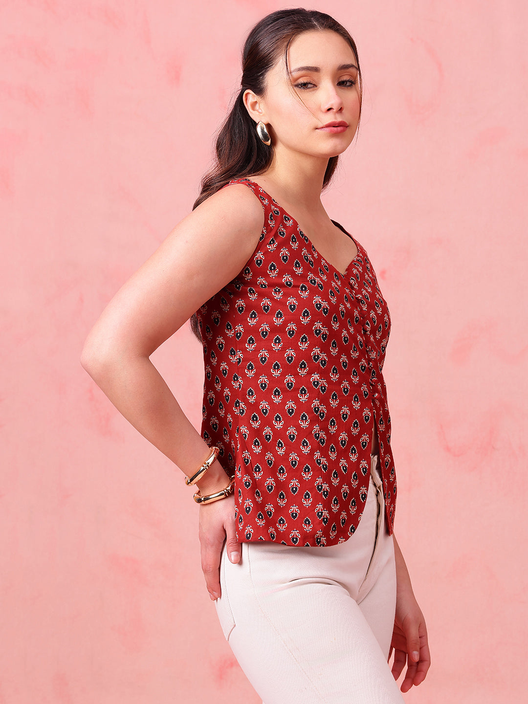 Red Ajrakh Print Waistcoat Cotton Stitched Top
