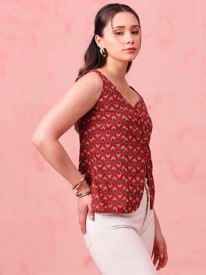 Red Ajrakh Print Waistcoat Cotton Stitched Top
