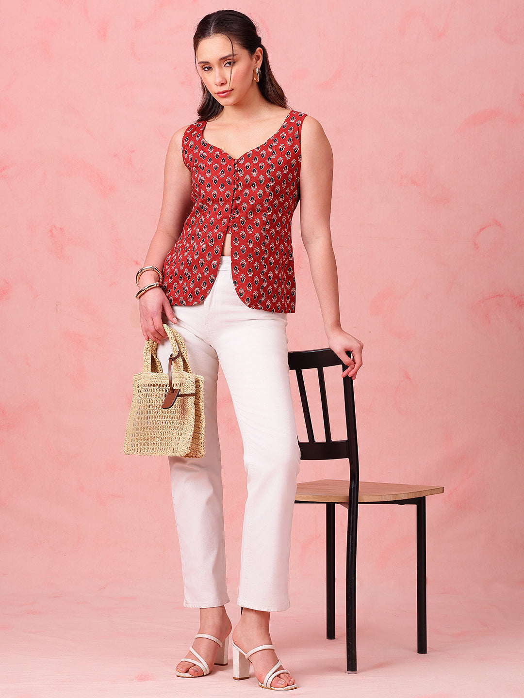 Red Ajrakh Print Waistcoat Cotton Stitched Top