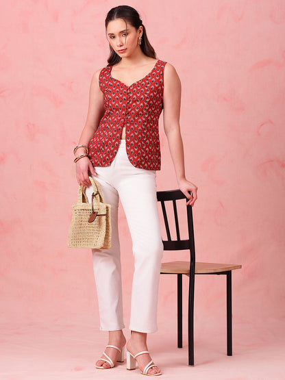 Red Ajrakh Print Waistcoat Cotton Stitched Top