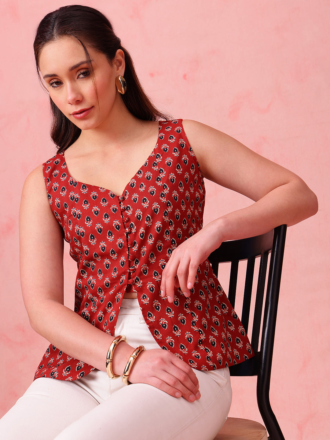 Red Ajrakh Print Waistcoat Cotton Stitched Top