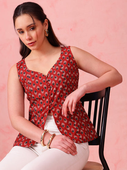 Red Ajrakh Print Waistcoat Cotton Stitched Top