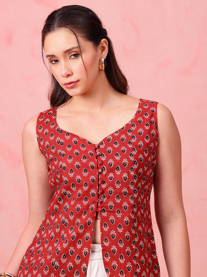 Red Ajrakh Print Waistcoat Cotton Stitched Top