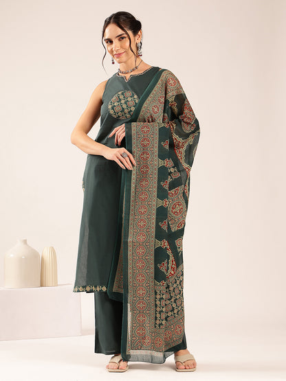 Aqua Blue Geometric Print Straight Cotton Stitched Kurta Set