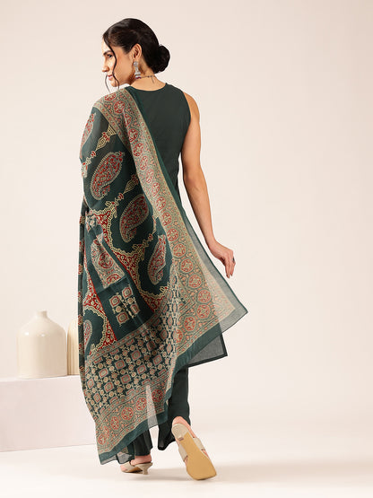 Aqua Blue Geometric Print Straight Cotton Stitched Kurta Set