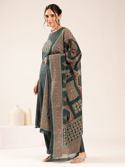 Aqua Blue Geometric Print Straight Cotton Stitched Kurta Set