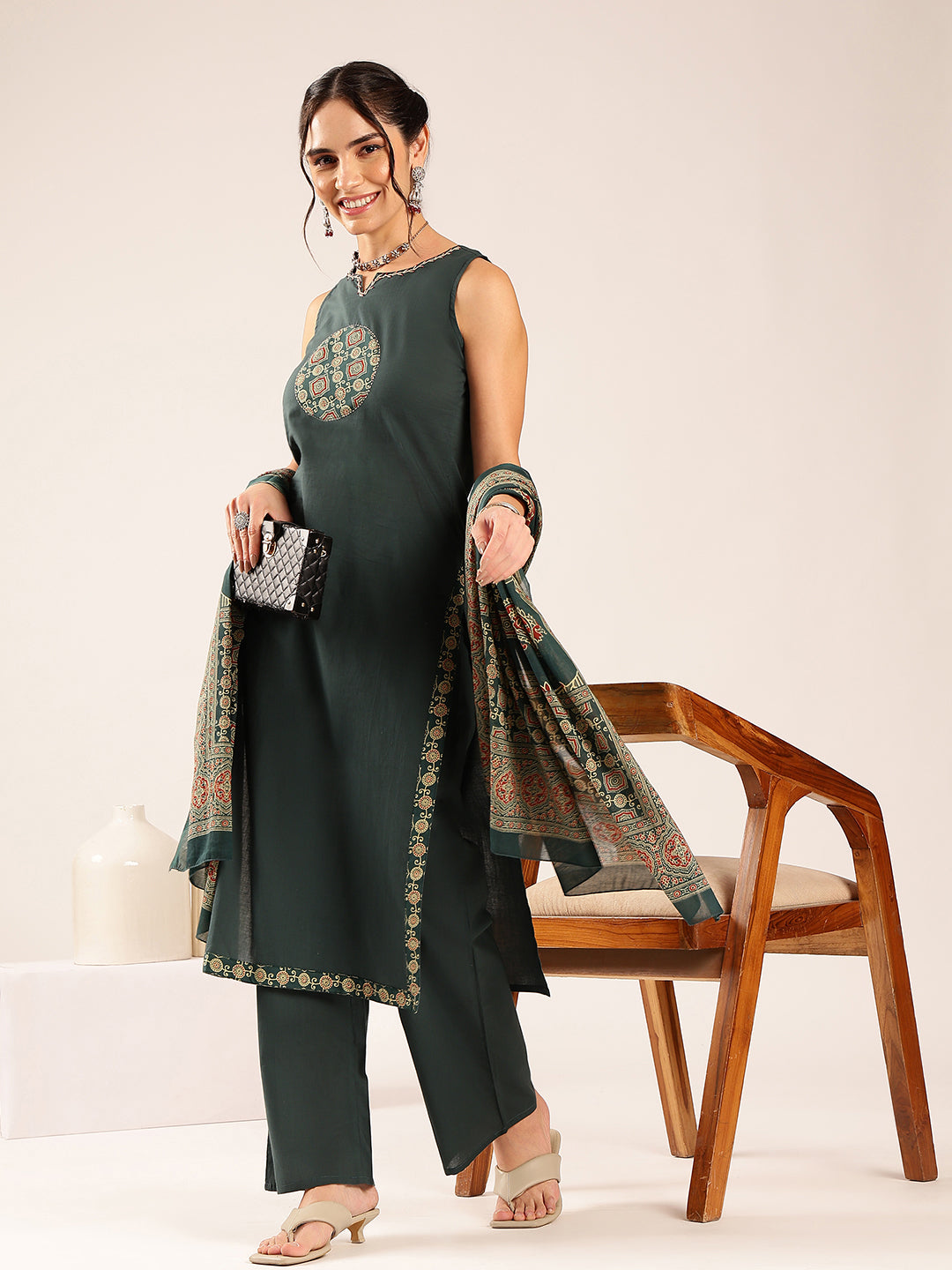 Aqua Blue Geometric Print Straight Cotton Stitched Kurta Set