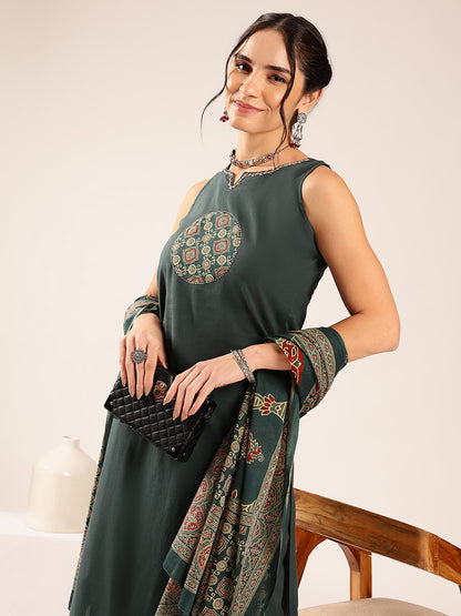 Aqua Blue Geometric Print Straight Cotton Stitched Kurta Set