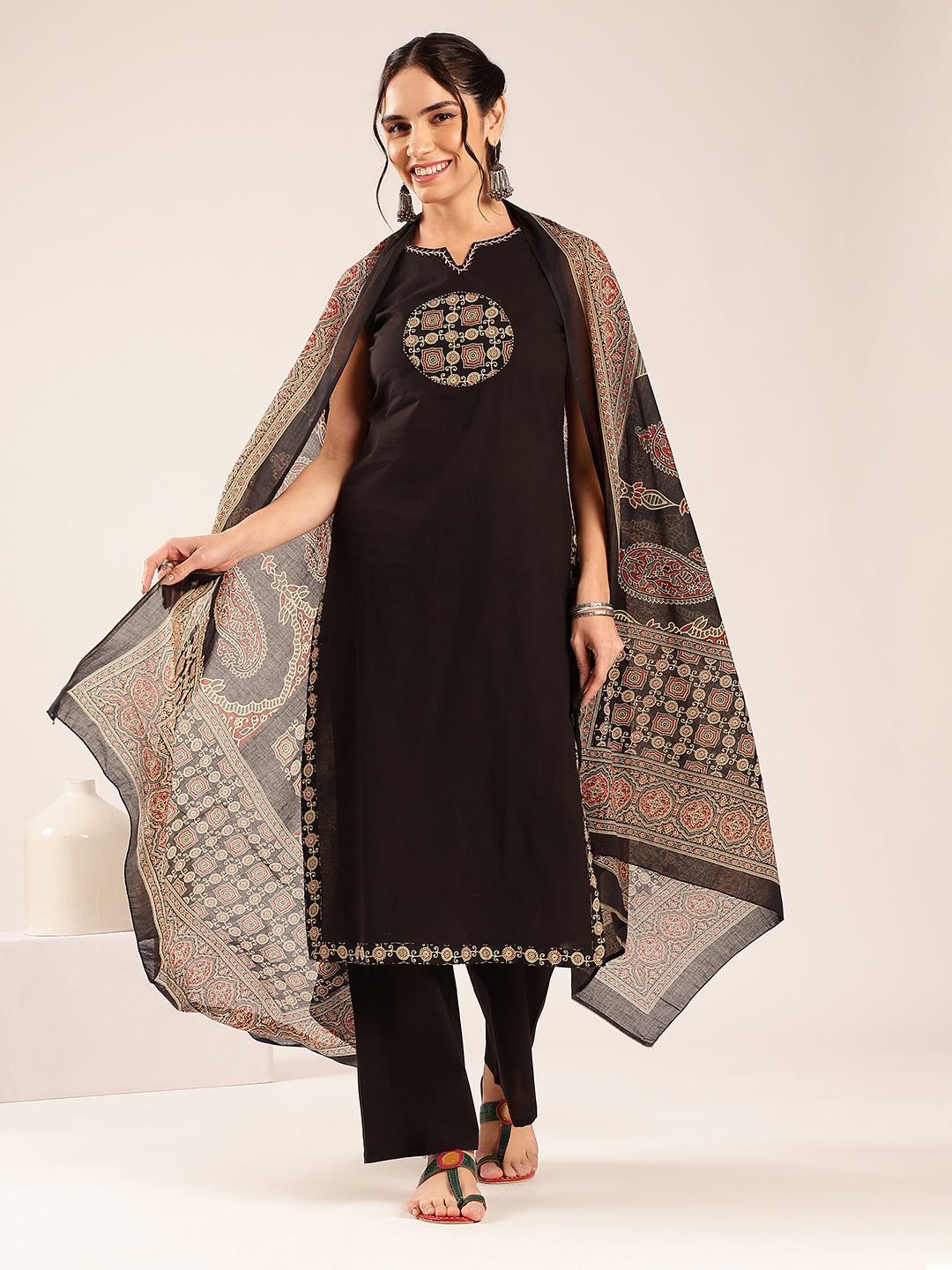 Black Geometric Print Straight Cotton Stitched Kurta Set