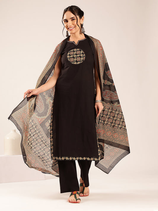 Black Geometric Print Straight Cotton Stitched Kurta Set