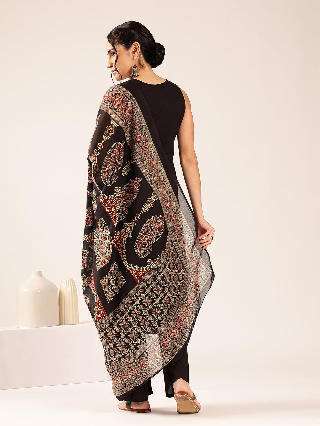 Black Geometric Print Straight Cotton Stitched Kurta Set