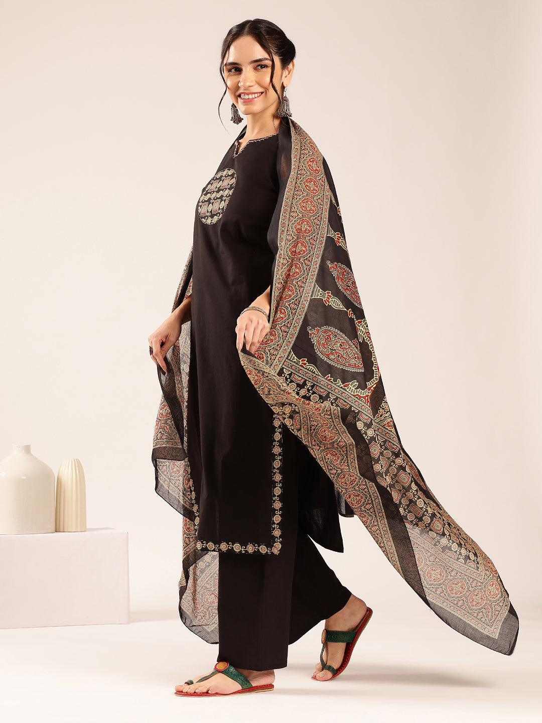 Black Geometric Print Straight Cotton Stitched Kurta Set