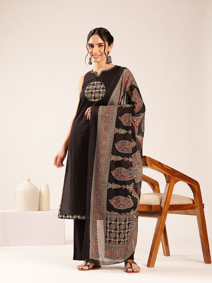 Black Geometric Print Straight Cotton Stitched Kurta Set