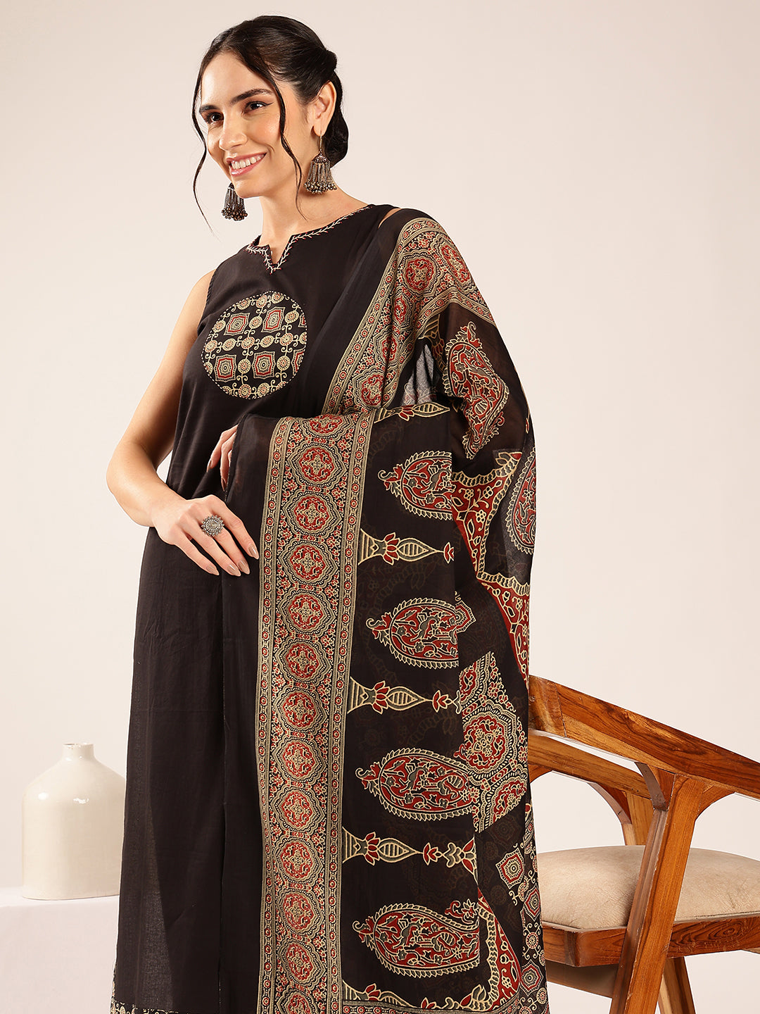 Black Geometric Print Straight Cotton Stitched Kurta Set
