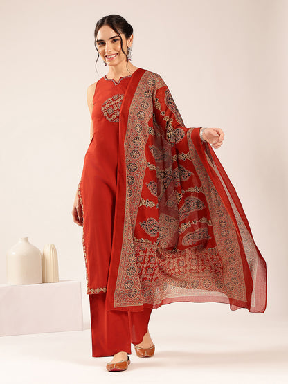 Maroon Geometric Print Straight Cotton Stitched Kurta Pant With Dupatta