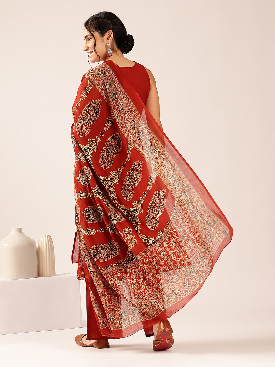 Maroon Geometric Print Straight Cotton Stitched Kurta Pant With Dupatta