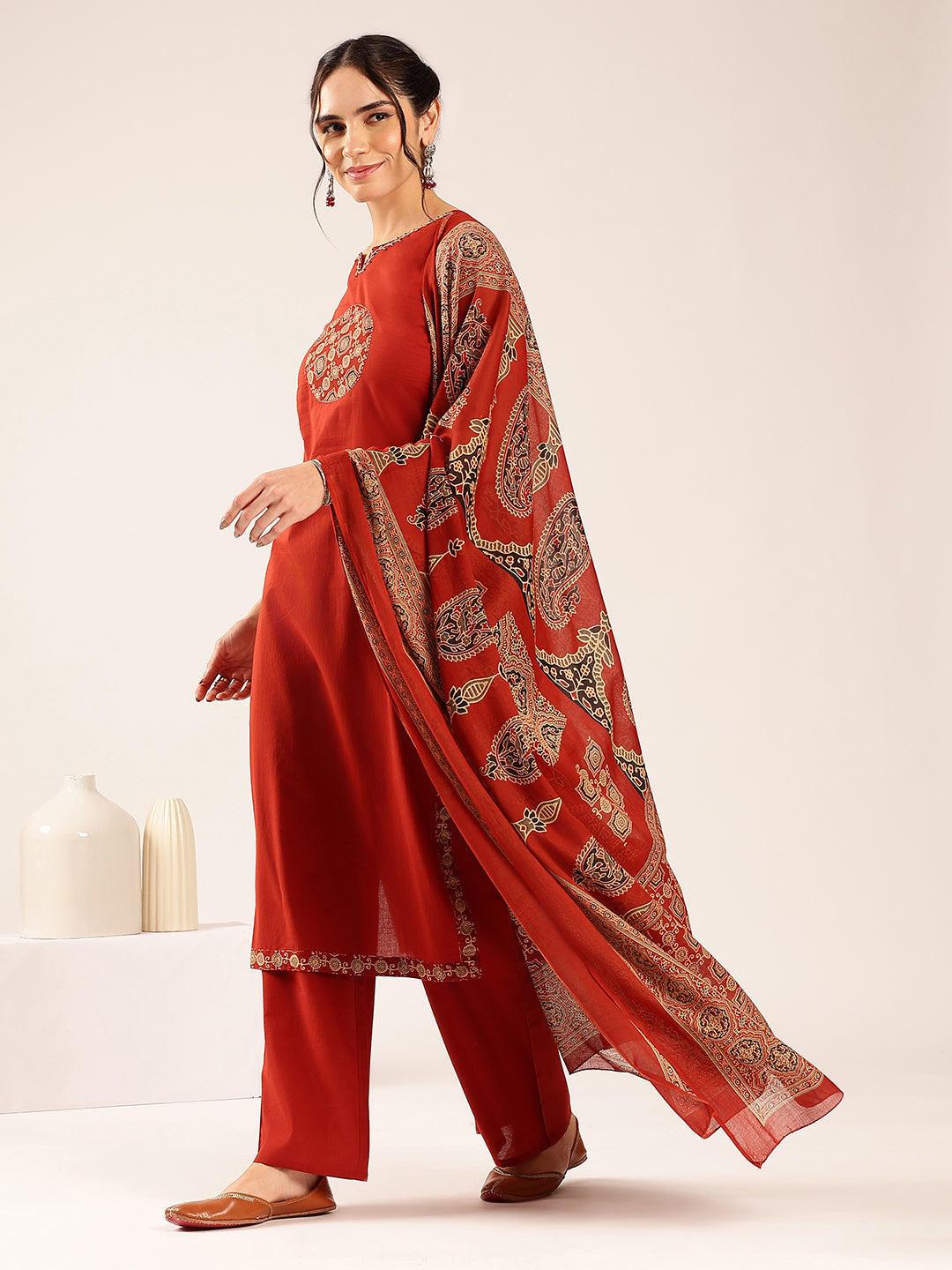 Maroon Geometric Print Straight Cotton Stitched Kurta Pant With Dupatta