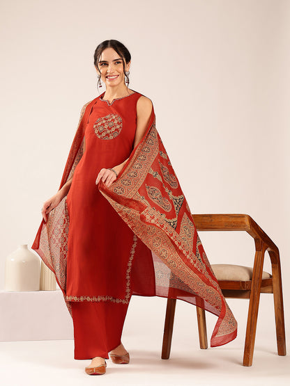Maroon Geometric Print Straight Cotton Stitched Kurta Pant With Dupatta
