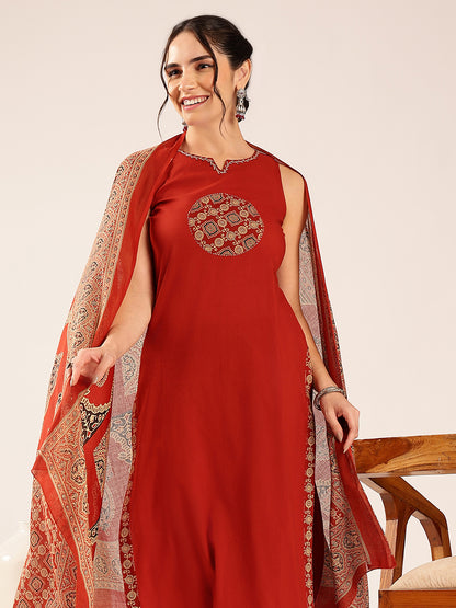 Maroon Geometric Print Straight Cotton Stitched Kurta Pant With Dupatta