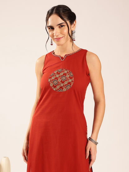 Maroon Geometric Print Straight Cotton Stitched Kurta Pant With Dupatta
