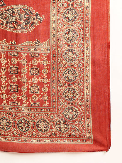 Maroon Geometric Print Straight Cotton Stitched Kurta Pant With Dupatta
